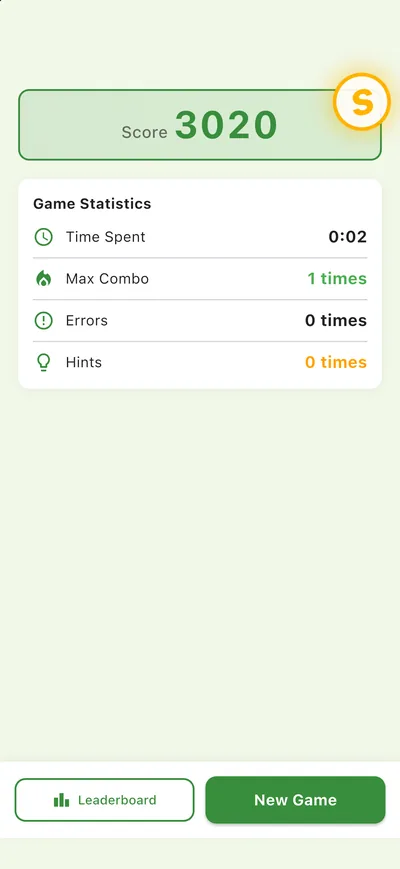 Results screen with total score, an S grade stamp, time, best combo, mistakes and hints