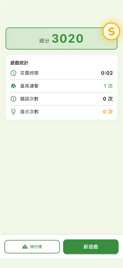 結算畫面：總分 3020、S 級評價印章與花費時間、最高連擊、錯誤和提示次數